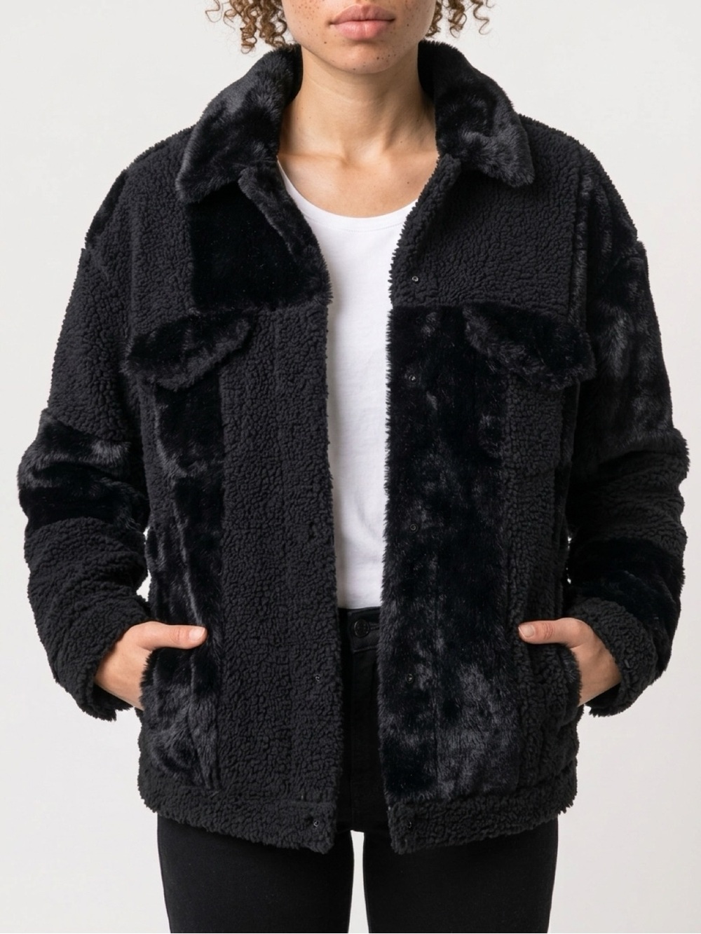 Black Faux Sherpa Bomber Jacket - Unbranded